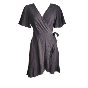 Shein Dress Womens Size L Large Solid Black 100% Cotton Wrap Lightweight Ruffle